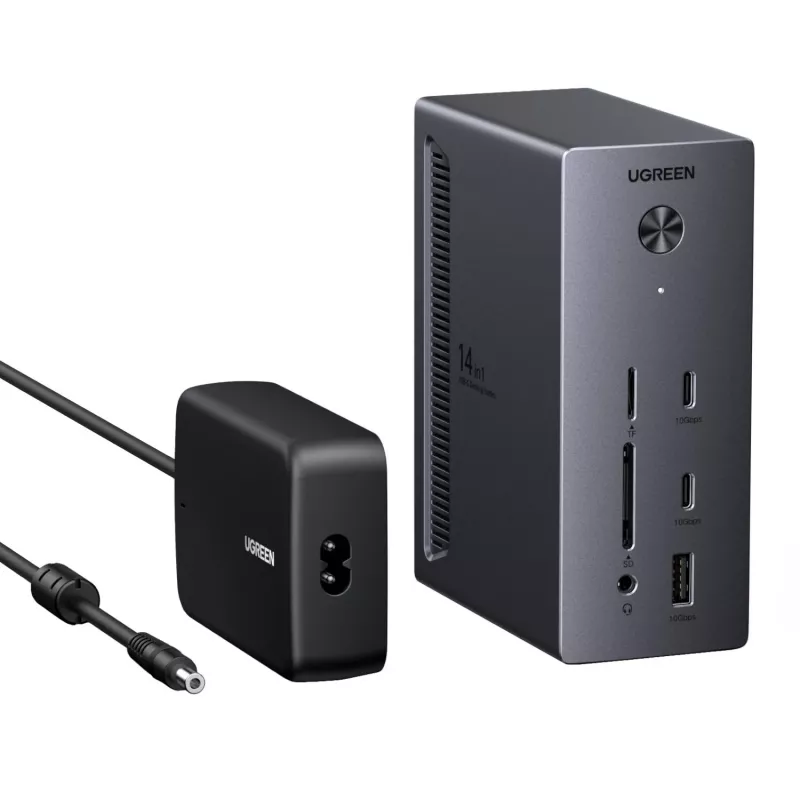 UGREEN 14-in-1 USB-C Docking Station with Dual DisplayPort, HDMI, 100W PD, Gigabit Ethernet, SD/TF Card Readers, and 3.5mm Audio