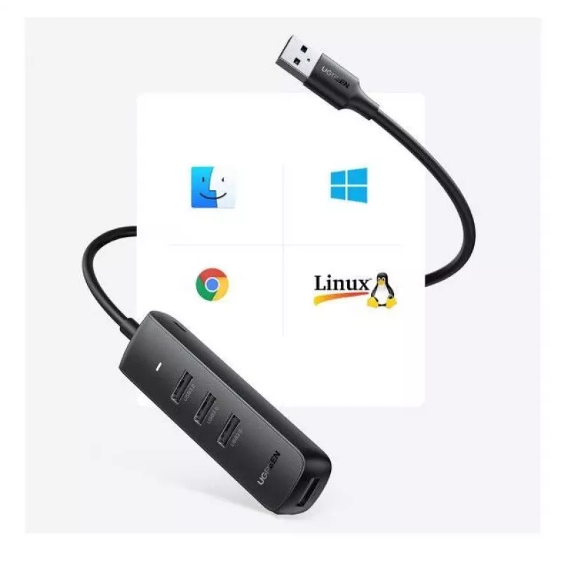 UGREEN 4-in-1 USB Hub 4x USB-A 3.0 PD DC 12V 0.25m Czarny (CM416 10915)