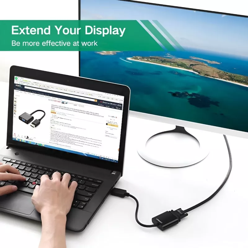 UGREEN DisplayPort Męski na VGA Żeński Konwerter, Adapter Aktywny, Full HD 1080p, Pozłacany, Czarny