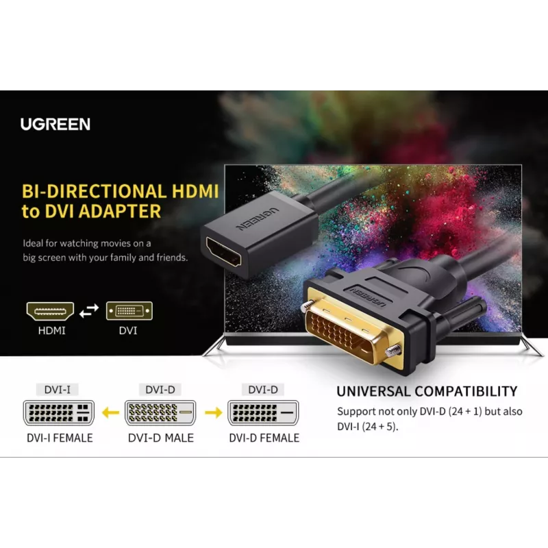 UGREEN DVI na HDMI Kabel Adapter 15cm Męski do Żeńskiego 1080p Full HD Czarny