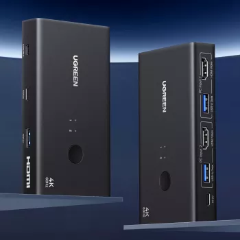 UGREEN HDMI 2.0 Przełącznik KVM 2-wejścia 1-wyjście, 2 komputery 1 monitor, 4K@60Hz, 3-portowy hub USB 2.0, przełączanie przyciskiem i skrótem klawiszowym, stop aluminium, HDCP 2.2, HDR10