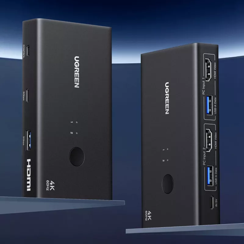 UGREEN HDMI 2.0 Przełącznik KVM 2-wejścia 1-wyjście, 2 komputery 1 monitor, 4K@60Hz, 3-portowy hub USB 2.0, przełączanie przyciskiem i skrótem klawiszowym, stop aluminium, HDCP 2.2, HDR10