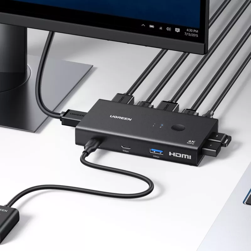 UGREEN HDMI 2.0 Przełącznik KVM 2-wejścia 1-wyjście, 2 komputery 1 monitor, 4K@60Hz, 3-portowy hub USB 2.0, przełączanie przyciskiem i skrótem klawiszowym, stop aluminium, HDCP 2.2, HDR10