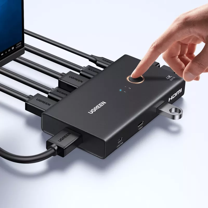 UGREEN HDMI 2.0 Przełącznik KVM 2-wejścia 1-wyjście, 2 komputery 1 monitor, 4K@60Hz, 3-portowy hub USB 2.0, przełączanie przyciskiem i skrótem klawiszowym, stop aluminium, HDCP 2.2, HDR10