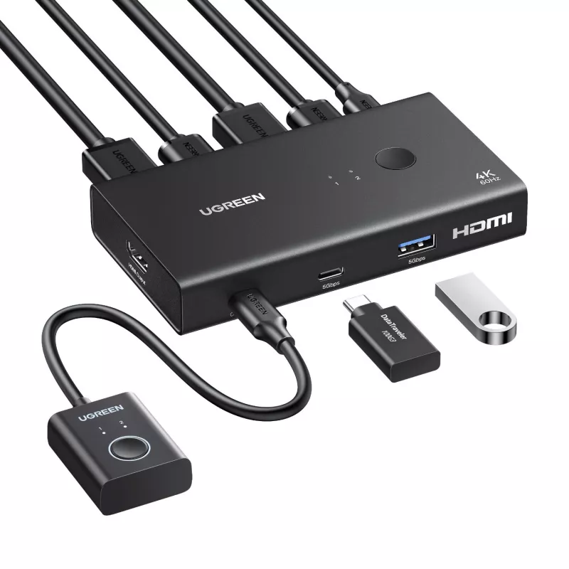 UGREEN HDMI 2.0 Przełącznik KVM 2-wejścia 1-wyjście, 2 komputery 1 monitor, 4K@60Hz, 3-portowy hub USB 2.0, przełączanie przyciskiem i skrótem klawiszowym, stop aluminium, HDCP 2.2, HDR10