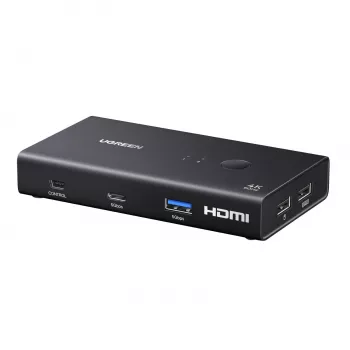 UGREEN HDMI 2.0 Przełącznik KVM 2-wejścia 1-wyjście, 2 komputery 1 monitor, 4K@60Hz, 3-portowy hub USB 2.0, przełączanie przyciskiem i skrótem klawiszowym, stop aluminium, HDCP 2.2, HDR10