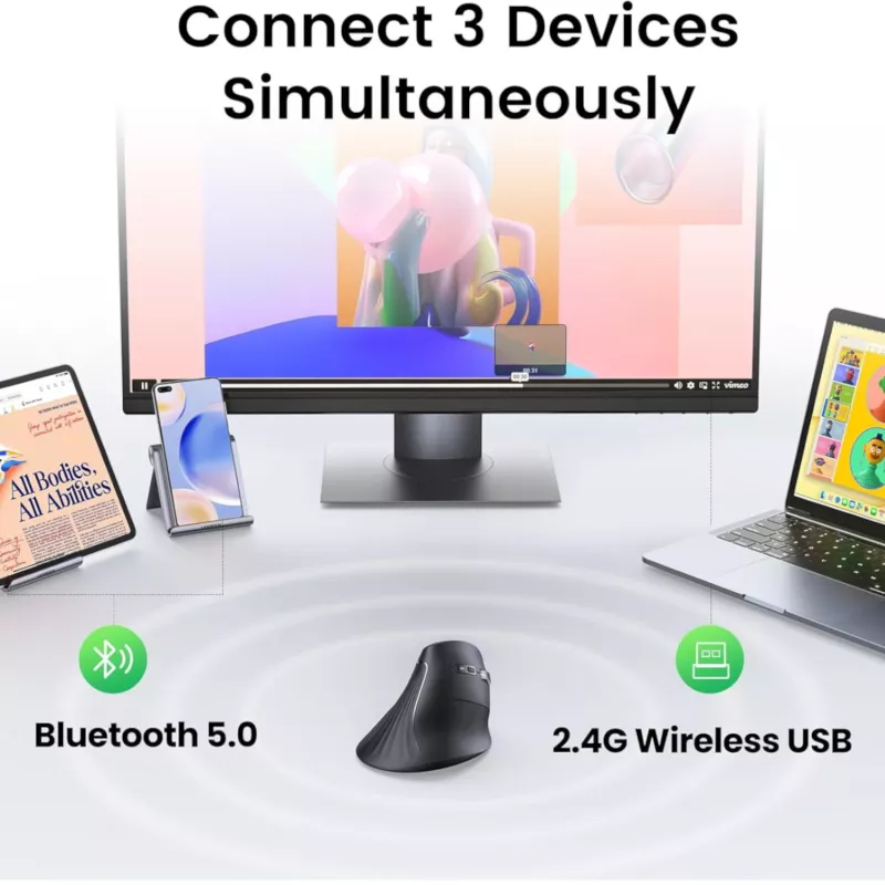 UGREEN Multi-Mode Vertical Mouse Bluetooth i 2.4G Bezprzewodowa – Czarny