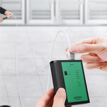 UGREEN Tester kabli sieciowych i telefonicznych RJ45 RJ11 Tester ciągłości dla kabli Ethernet i telefonicznych Cat5 Cat5e Cat6 Cat6a Cat7 ze wskaźnikami LED, odłączaną jednostką zdalną, zasilany baterią 9V, NW167