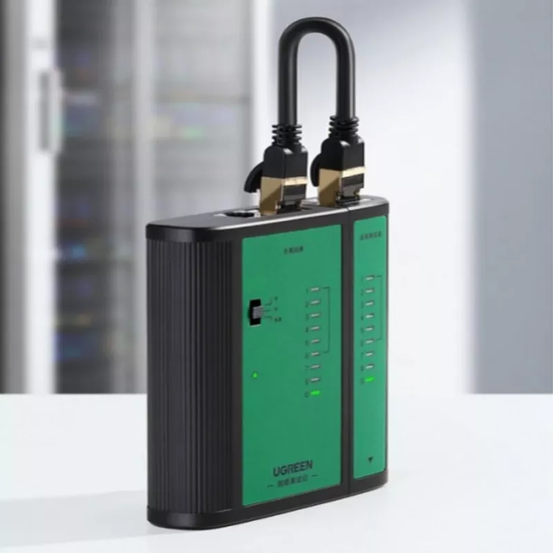 UGREEN Tester kabli sieciowych i telefonicznych RJ45 RJ11 Tester ciągłości dla kabli Ethernet i telefonicznych Cat5 Cat5e Cat6 Cat6a Cat7 ze wskaźnikami LED, odłączaną jednostką zdalną, zasilany baterią 9V, NW167