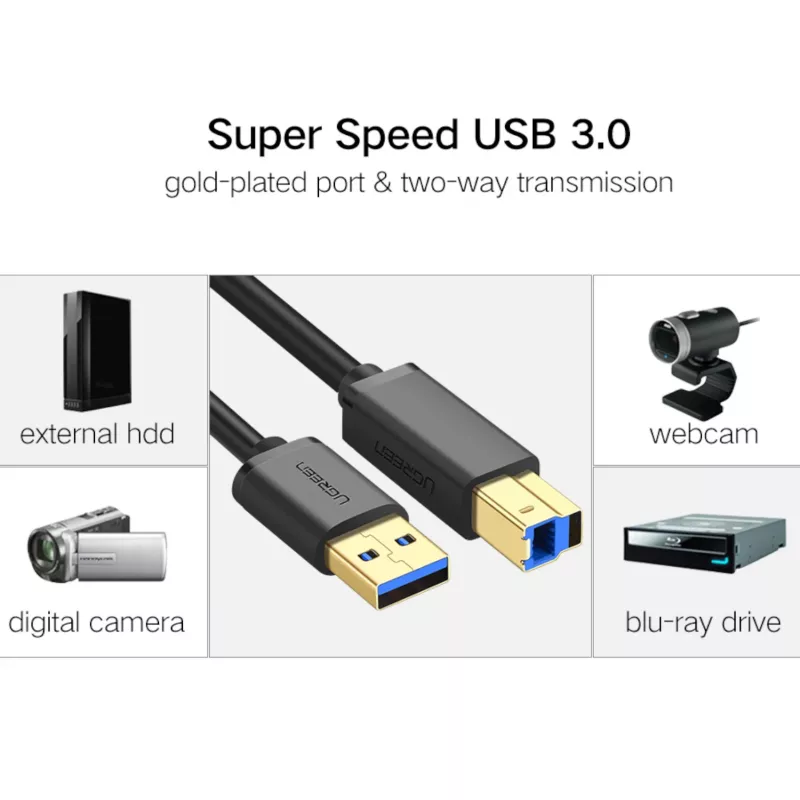 UGREEN US210 USB 3.0 A do B kabel, 2m, czarny