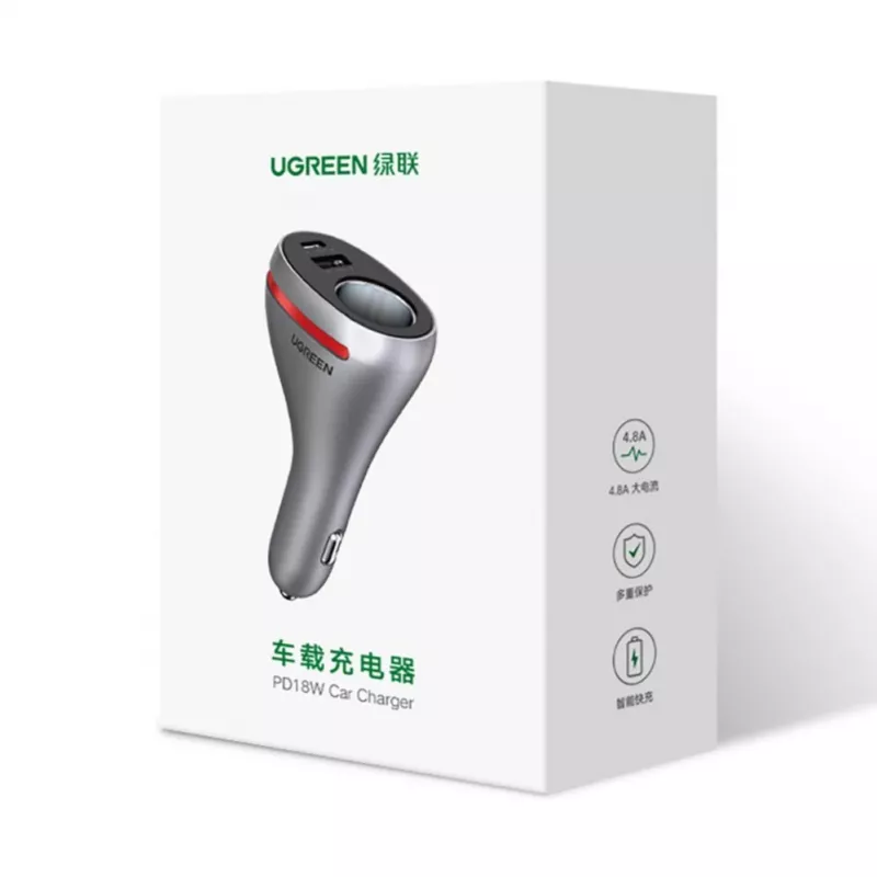 UGREEN USB Type C / USB QC PD 24W Car Charger with 12V Cigarette Lighter Socket Silver (CD204)