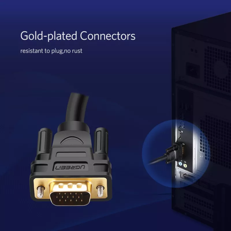 UGREEN VG101 VGA Przewód Męski-Męski 1,5 m – Full HD 1080p, Pozłacane Złącza, Podwójne Ekranowanie, Podwójne Rdzenie Ferrytowe