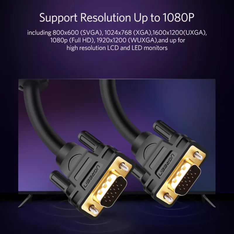 UGREEN VG101 VGA Męski-Męski Kabel 3M – Pozłacany, Podwójny Ferryt, Full HD 1080p