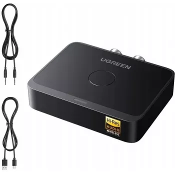 UGREEN Bezprzewodowy odbiornik audio Bluetooth 5.3 LDAC Hi-Res z wyjściem 3.5mm AUX i 2x RCA, przetwornik ESS ES9018K2M, aptX HD, aptX Adaptive, aptX, AAC, SBC, łączenie dwóch urządzeń, aluminium, czarny