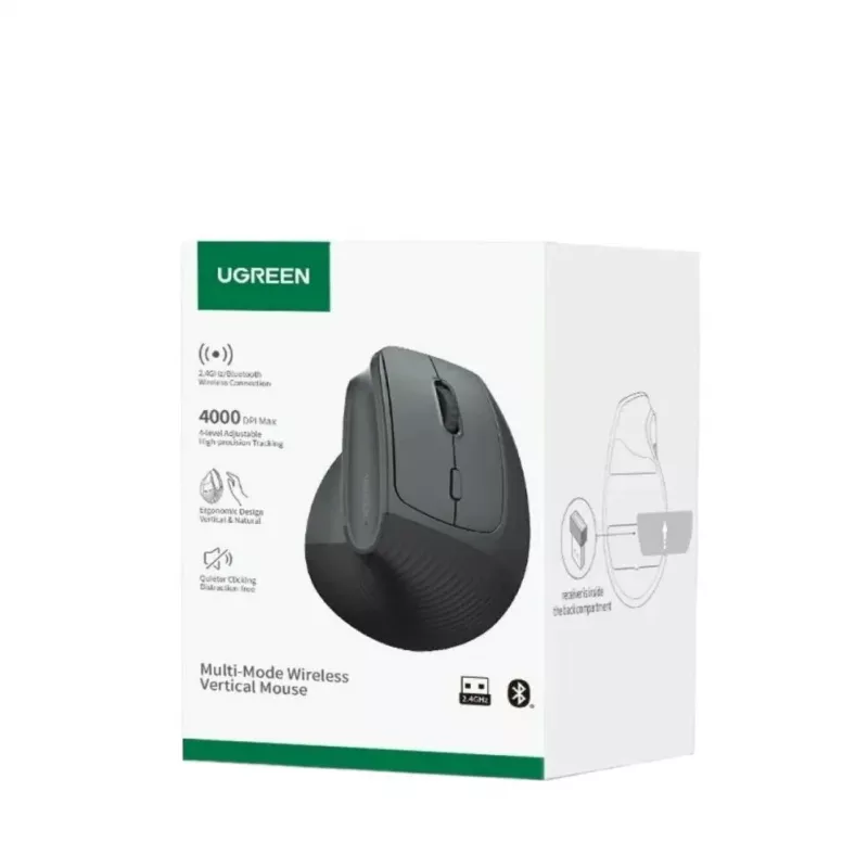 UGREEN Bezprzewodowa pionowa mysz czarna 2.4GHz Ergonomiczna cicha klik 2400 DPI