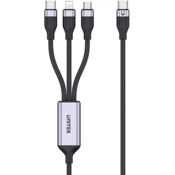 UNITEK 3-in-1 USB-A do Lightning, USB-C, Micro USB nylonowy pleciony kabel do ładowania 1.2m czarny