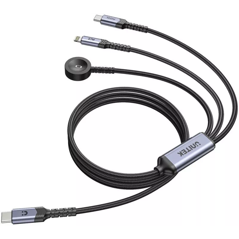 UNITEK 3-in-1 USB-C + Lightning + Apple Watch Charging Cable, 100W PD, 480 Mbps, 1.2m, Black