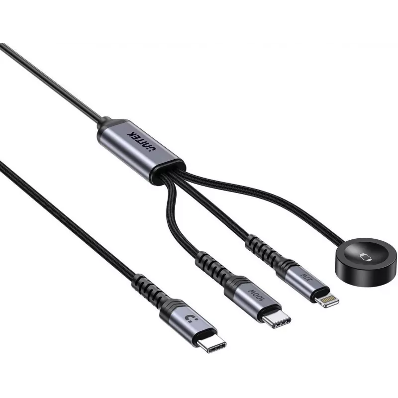 UNITEK 3-in-1 USB-C + Lightning + Apple Watch Charging Cable, 100W PD, 480 Mbps, 1.2m, Black