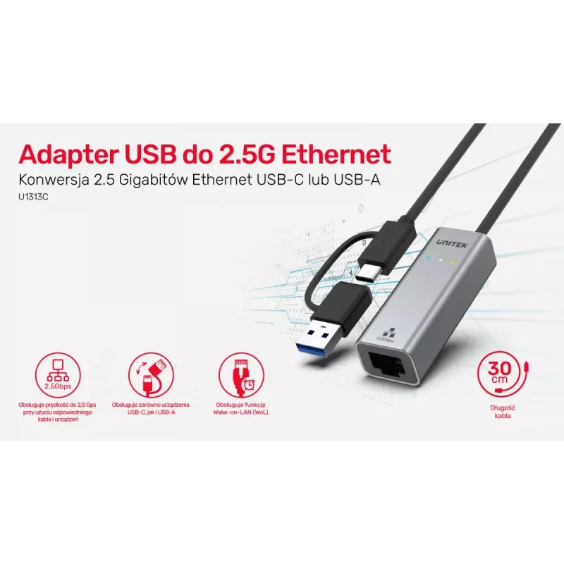 UNITEK USB-A/C 3.1 Gen 1 do RJ45 2.5 Gigabit Ethernet Adapter U1313C