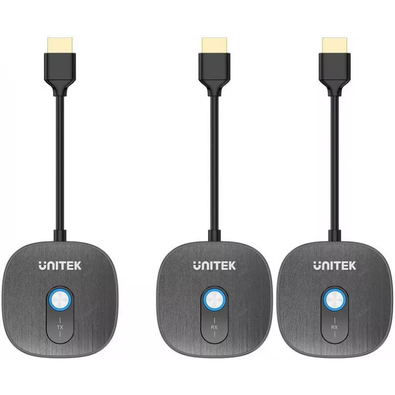 UNITEK Bezprzewodowy System Transmisji Sygnału AV HDMI 1080p, 1 Nadajnik + 2 Odbiorniki, Czarny