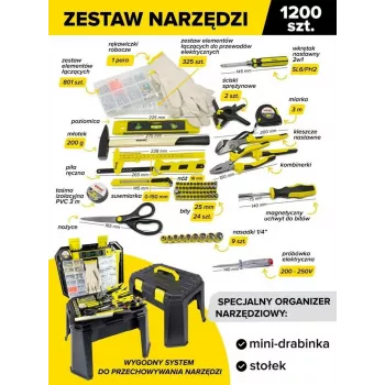 Uniwersalny zestaw narzędzi i elementów złącznych 1200 szt. 1/4 cala 6-kątny z grzechotką, nasadkami, wkrętakami, kluczami płasko-oczkowymi, kluczami imbusowymi, szczypcami, młotkiem, nożem, taśmą mierniczą, poziomicą, wkrętami, nakrętkami, podkładkami, k