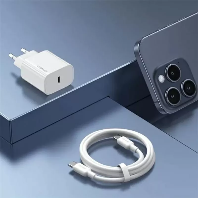 USAMS Yi Series T65 20W PD Fast Charger z kablem USB-C na USB-C 60W, biały (OYXLTZ01)