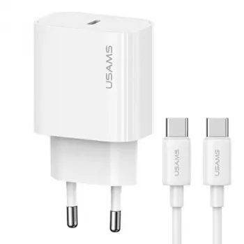 USAMS Yi Series T65 20W PD Fast Charger z kablem USB-C na USB-C 60W, biały (OYXLTZ01)