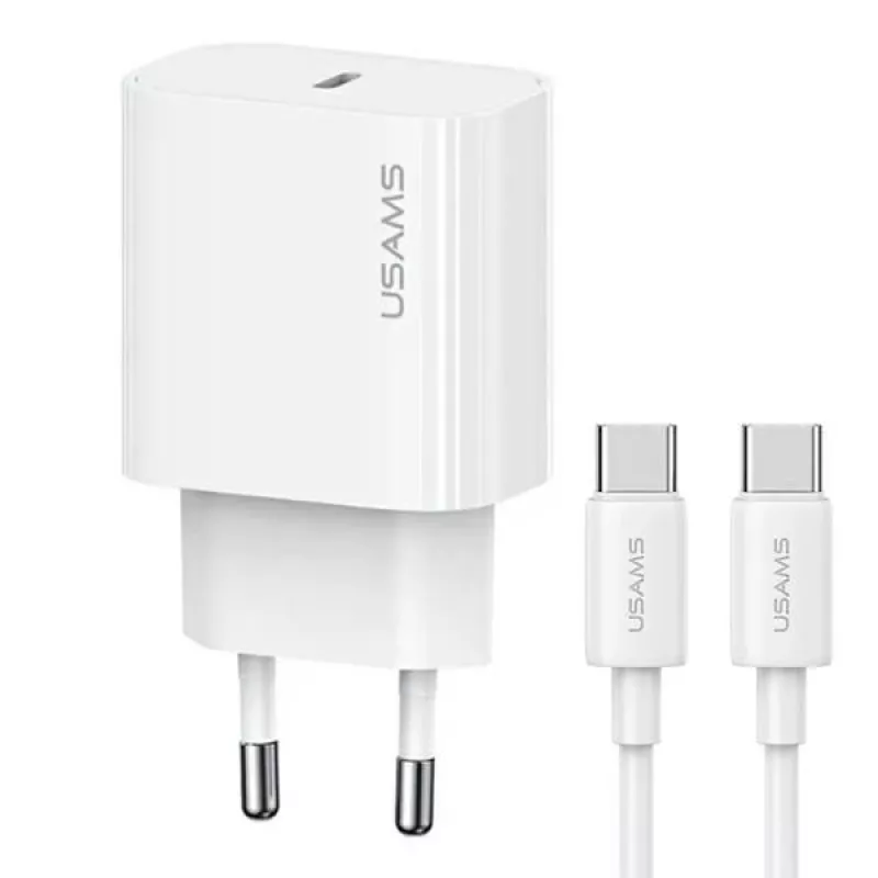 USAMS Yi Series T65 20W PD Fast Charger z kablem USB-C na USB-C 60W, biały (OYXLTZ01)