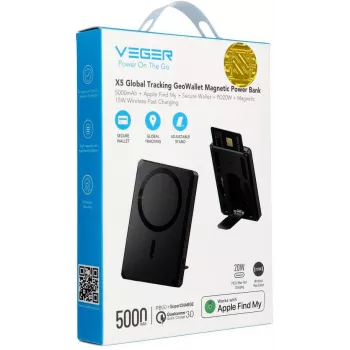 Veger GeoWallet Tracker X5 5000 mAh 20W PD QC 3.0 MFi MagSafe USB-C Power Bank - Czarny