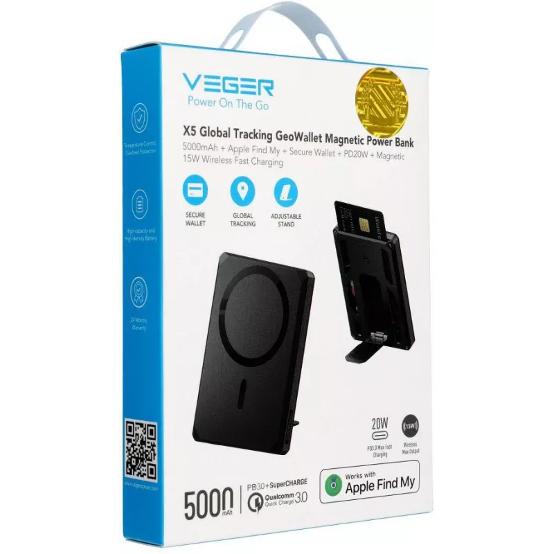 Veger GeoWallet Tracker X5 5000 mAh 20W PD QC 3.0 MFi MagSafe USB-C Power Bank - Czarny