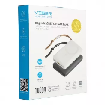 Veger MagOn Power Bank 10000 mAh Biały - Kompatybilny z MagSafe, PD QC3.0 20W Ładowanie Bezprzewodowe