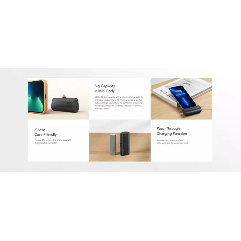 VEGER PlugOn Power Bank 5000 mAh 20W PD QC3.0 z wbudowanym złączem Lightning Czarny