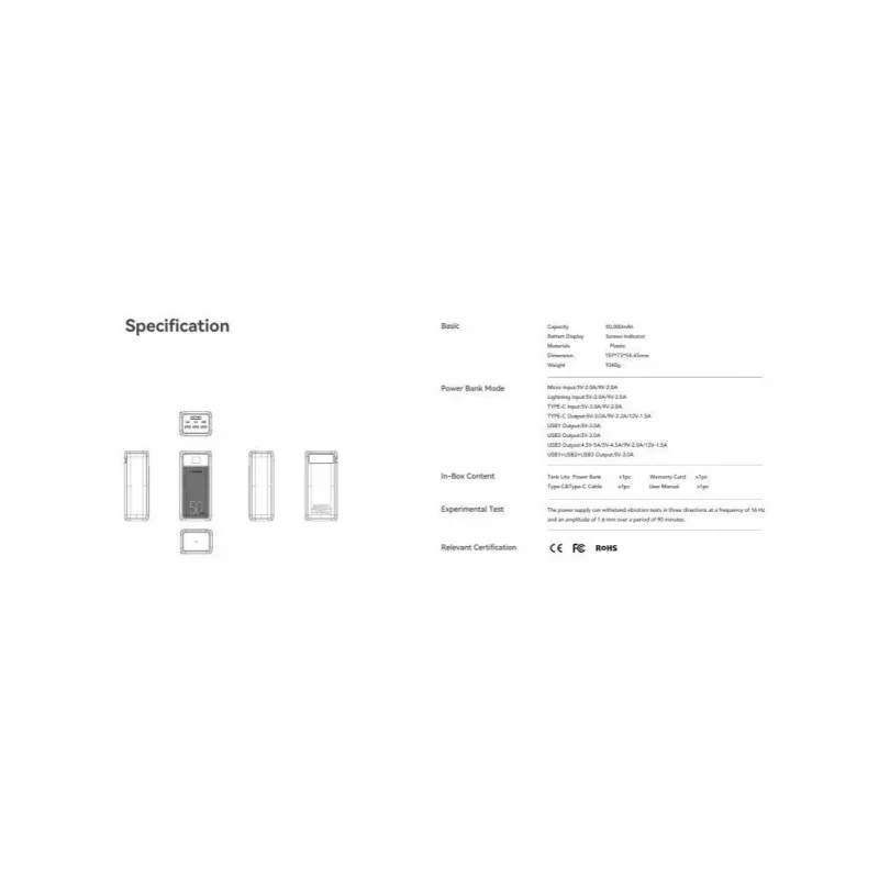 Veger Power Bank Tank Lite (W5001) PD QC3.0 5A 22.5W 50000 mAh Czarny