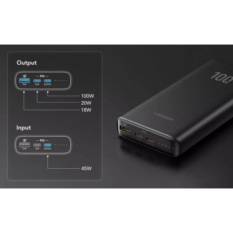 Veger Powerbank T100 (W2032C-100) PD QC3.0 5A 100W 20000 mAh Czarny