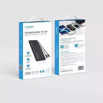 VEGER TCE130 130W PD Power Bank 25000mAh z wbudowanymi kablami USB-C i Lightning, czarny