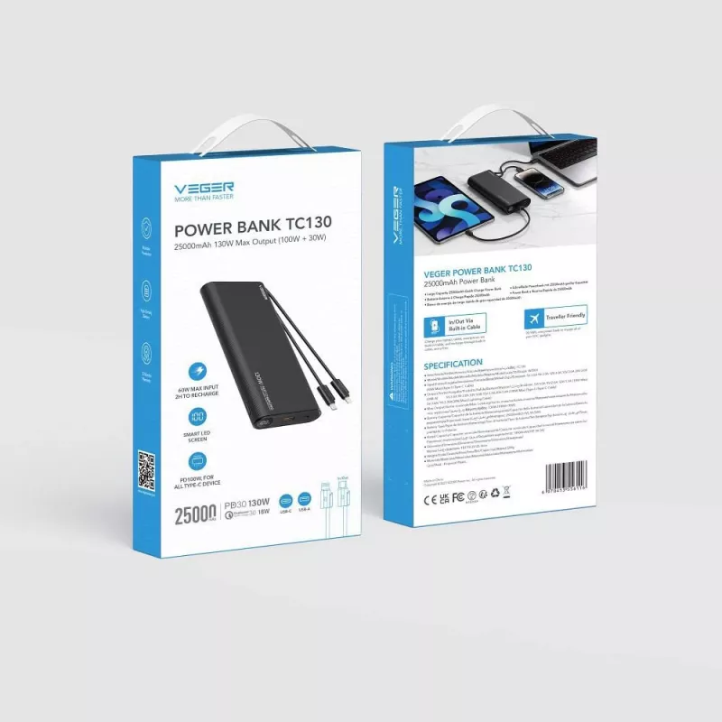 VEGER TCE130 130W PD Power Bank 25000mAh z wbudowanymi kablami USB-C i Lightning, czarny