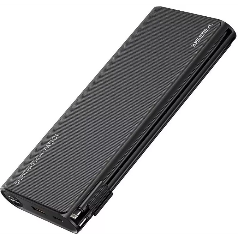 VEGER TCE130 130W PD Power Bank 25000mAh z wbudowanymi kablami USB-C i Lightning, czarny