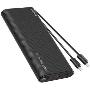 VEGER TCE130 130W PD Power Bank 25000mAh z wbudowanymi kablami USB-C i Lightning, czarny