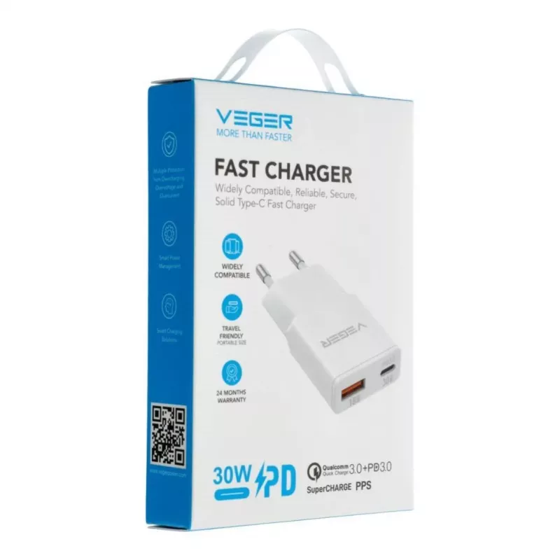 Ładowarka sieciowa VEGER USB-A + USB-C QC PD 30W 30W1A1C Biała