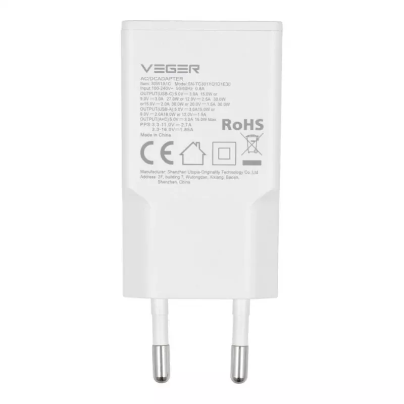 Ładowarka sieciowa VEGER USB-A + USB-C QC PD 30W 30W1A1C Biała