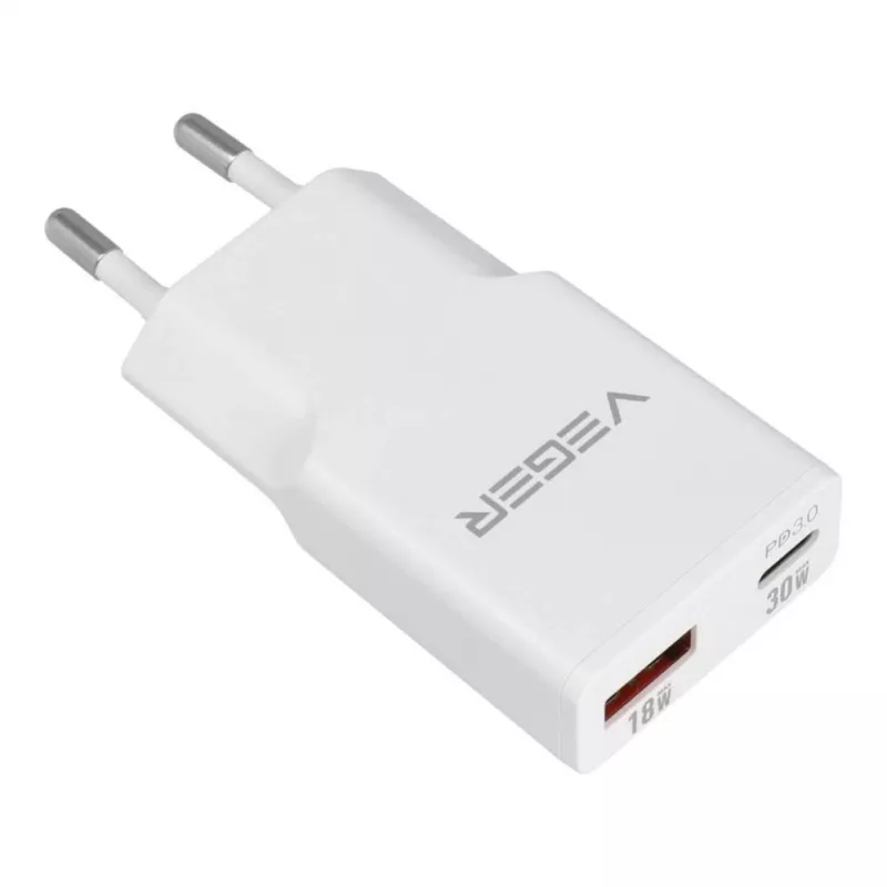 Ładowarka sieciowa VEGER USB-A + USB-C QC PD 30W 30W1A1C Biała