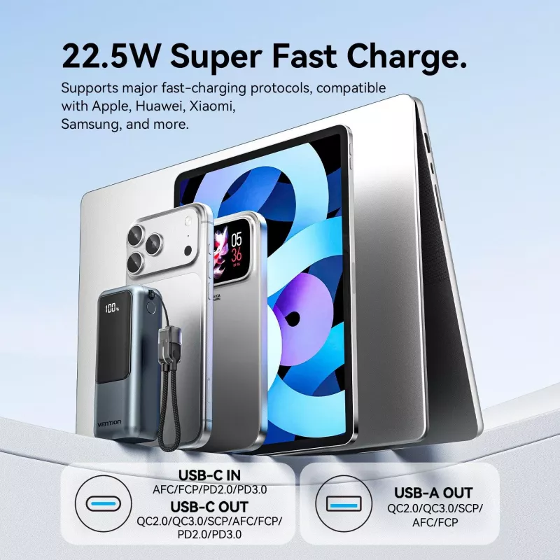 VENTION FKOH0 10000 mAh 22.5 W Wireless Power Bank z USB-C PD i QC - Czarny