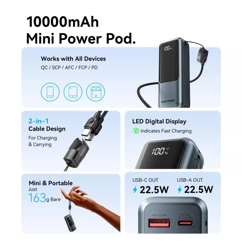 VENTION FKOH0 10000 mAh 22.5 W Wireless Power Bank z USB-C PD i QC - Czarny