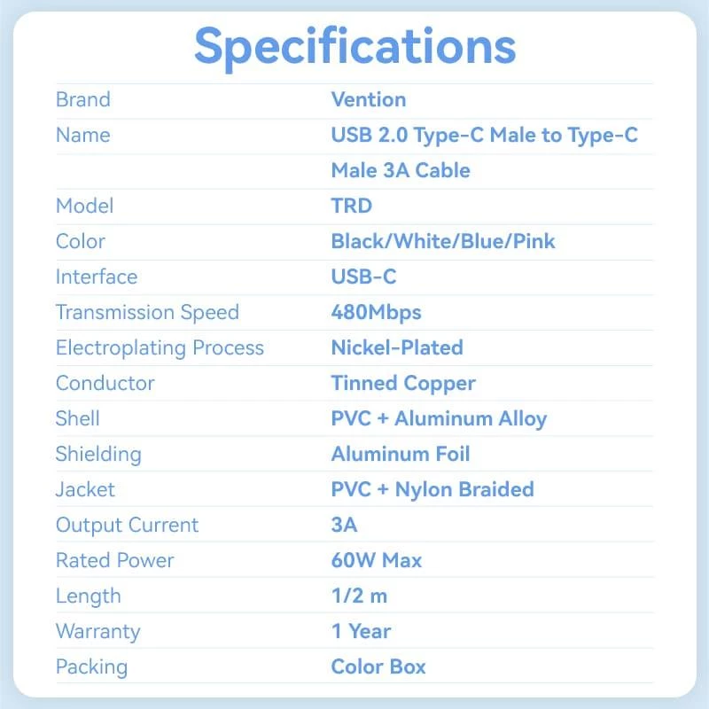 Przewód VENTION TRDBF USB-C na USB-C 1m Czarny