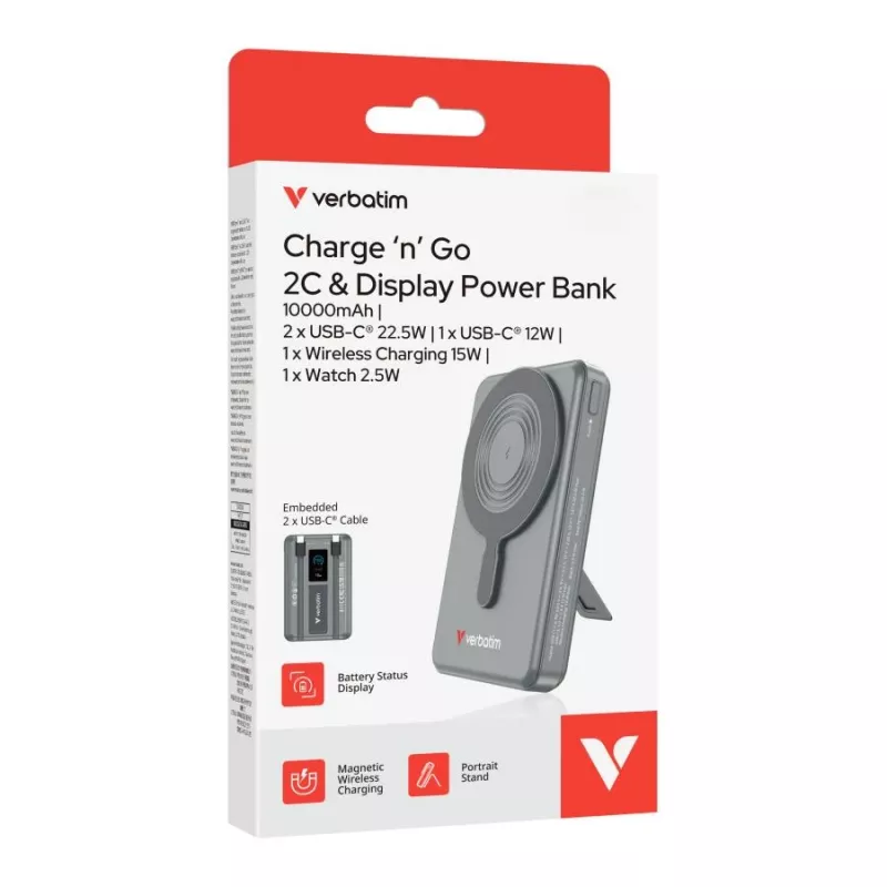 Verbatim Charge'n'Go power bank 2C z wyświetlaczem 10000 mAh szary