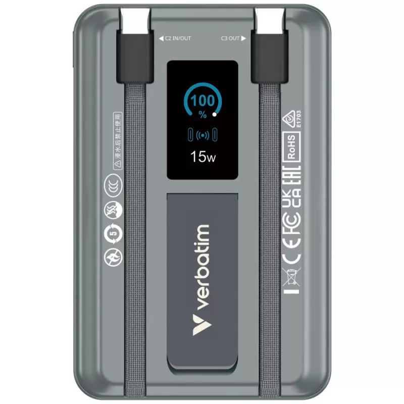 Verbatim Charge'n'Go power bank 2C z wyświetlaczem 10000 mAh szary