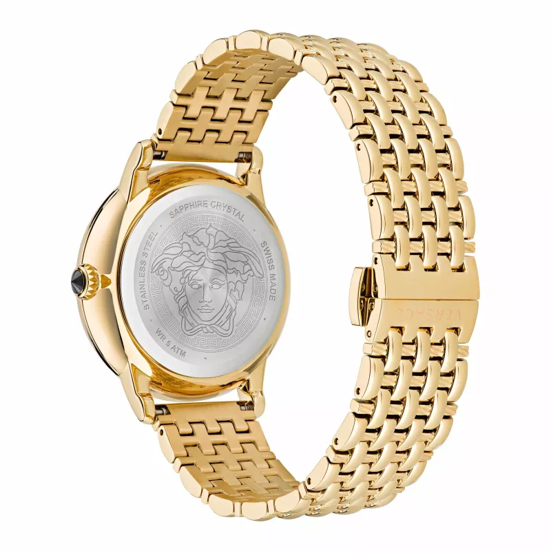 VERSACE V-Circle Unisex Swiss Quartz Watch 38mm Stainless Steel Black Dial Leather Strap VE6F00623