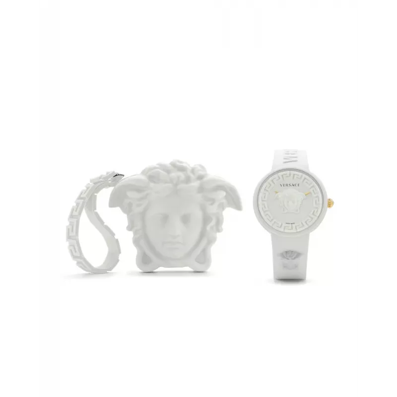 Zegarek damski Versace VE6G00123 Swiss Quartz 39 mm ze stali szlachetnej z czarnym skórzanym paskiem i srebrną tarczą