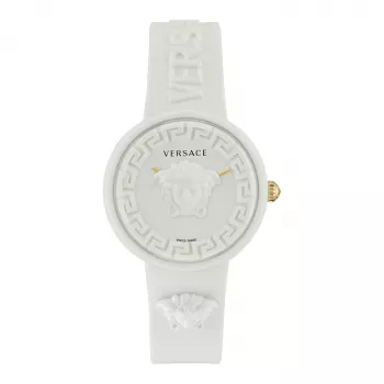 Zegarek damski Versace VE6G00123 Swiss Quartz 39 mm ze stali szlachetnej z czarnym skórzanym paskiem i srebrną tarczą