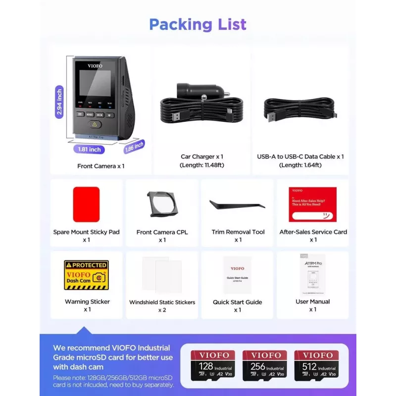 VIOFO A119M Pro 2K QHD Kamera samochodowa z Sony STARVIS 2 IMX675, wbudowanym GPS i Wi-Fi, superkondensatorem, 140° FOV, wyświetlaczem 1,5 cala